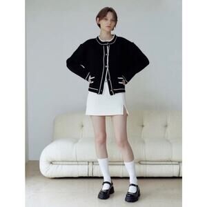 Hackesch Cardigan Button Up Long Sleeve Knit Sweater Black White Womens